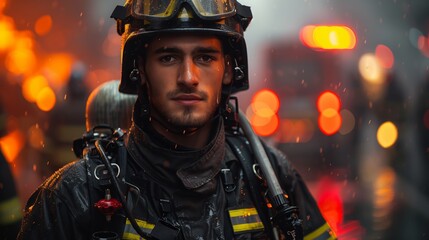 A close-up portrait of a firefighter wearing protective helmet and suit against a fiery background