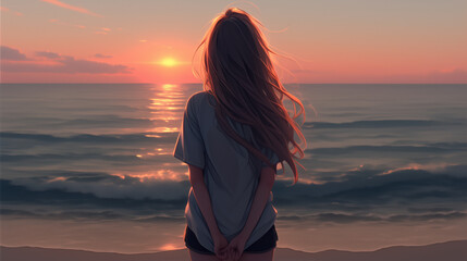 Woman Watching Sunset By The Sea