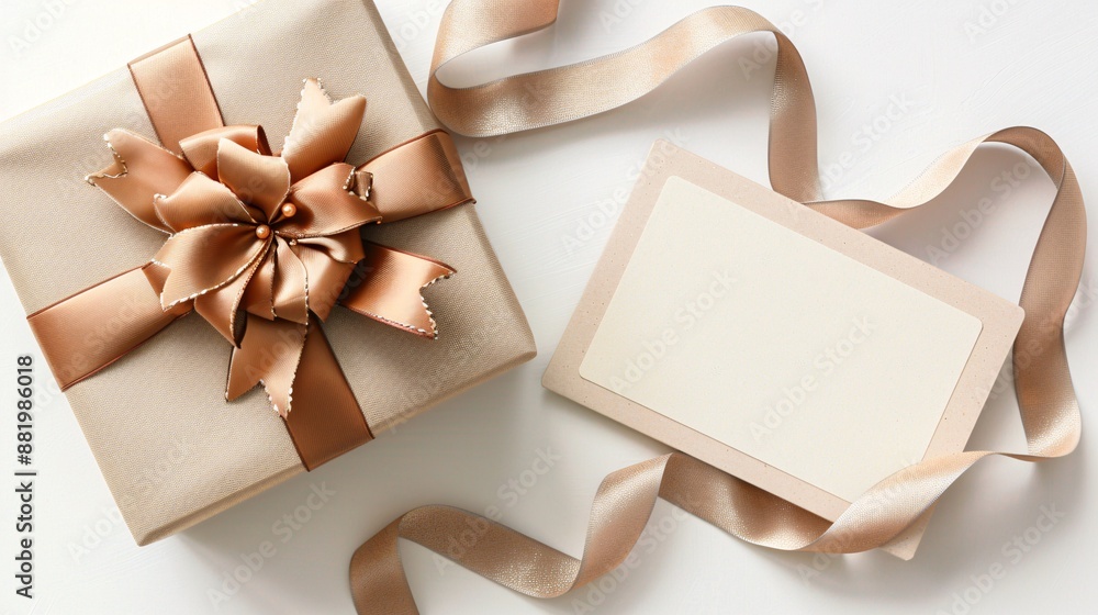 Poster a top view image of a gift box adorned with a decorative ribbon, placed next to a blank card on a wh