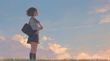 Anime Girl Standing Under Sky With Clouds