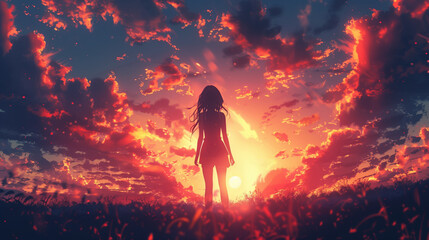 Obraz premium Woman Silhouette Gazing at Vibrant Sunset Sky