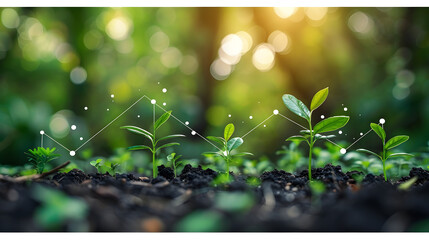 Young green plants in soil under sunlight with digital growth chart. Concept of growth, progress, and agricultural technology.