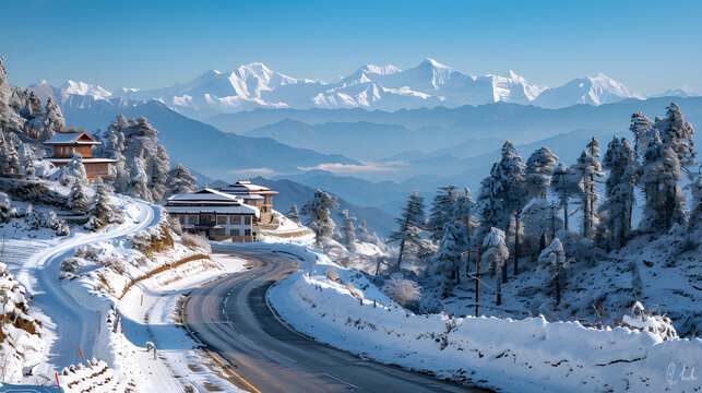 A photo of the Dochula Pass, with Himalayan peaks as the background, during a clear winter day