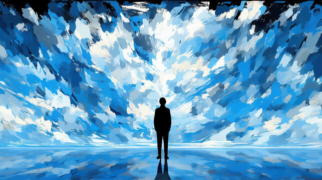Man Standing Alone in Front of Abstract Blue Sky