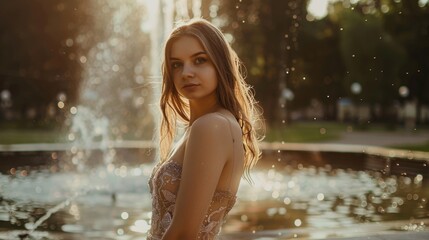 Obraz premium Young Woman by Fountain