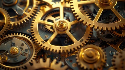 An intricate clockwork mechanism with golden gears and cogs, symbolizing the complexity of time and the inner workings of progress.
