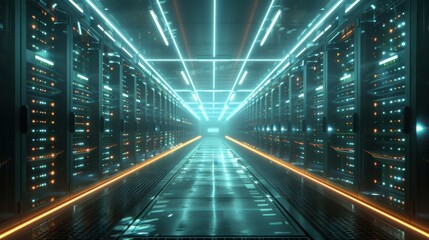 A futuristic data center with rows of servers illuminated by streams of light, representing the flow of information in the digital age.
