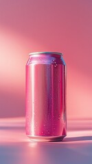 mockup for a tin can with a drink on a minimalist bright background. copy space. pink color can on pink background