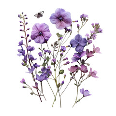 Purple floral with green leaves on transparent background. Generative ai.