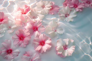 Close-up of pink and white flowers floating on the surface of a calm pool of water