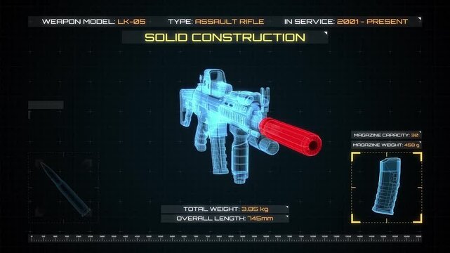 Assault Rifle hologram 3D animation, weapon HUD interface screen, futuristic weapon analysis, hi-tech gun scan.
