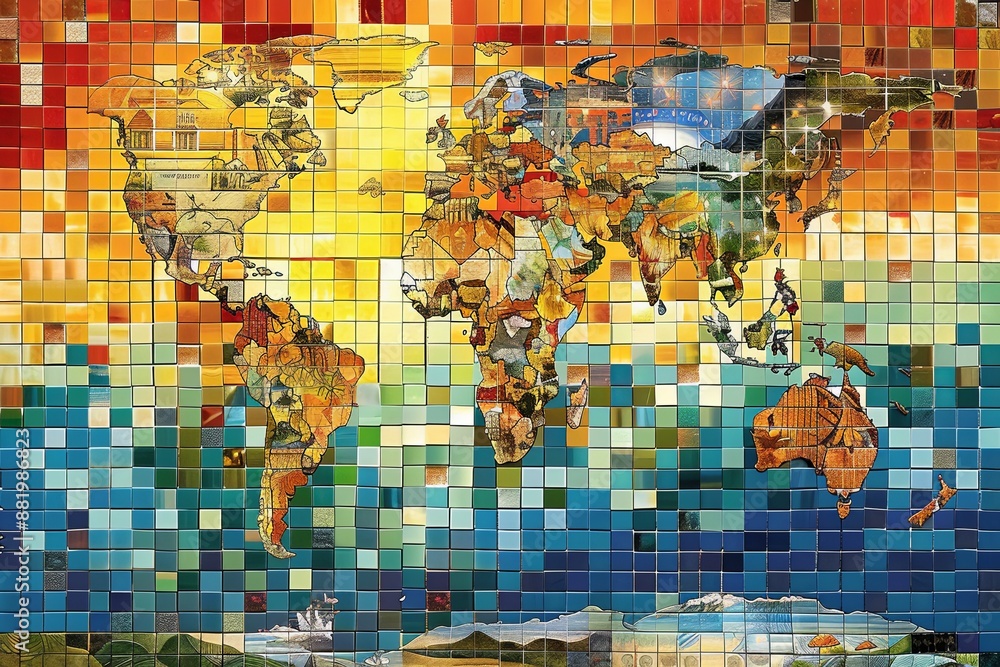 Poster a vibrant world map, created from small mosaic tiles, depicting continents and oceans in various col