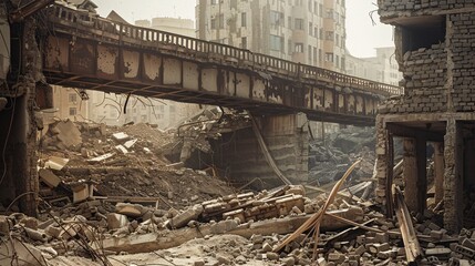 A striking image of a fallen cityscape, with sharp, detailed shots of a collapsed bridge and the surrounding rubble. The photo captures the dramatic and haunting atmosphere of the fallen city