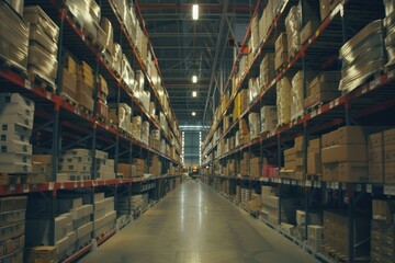 A modern warehouse with high shelves stacked with boxes and products, illustrating an efficient storage system and organized industrial space.