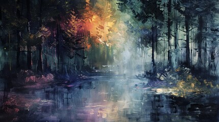 Artistic interpretation of a forest with abstract brushstrokes, imbuing a mystical and dream-like atmosphere.