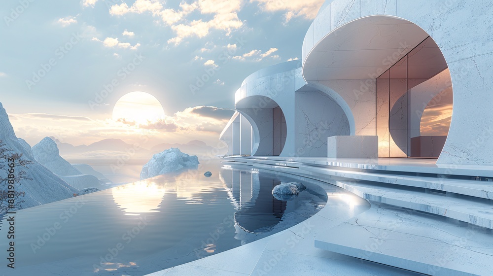 Poster a futuristic 3d architectural render showcasing a surreal composition of geometric shapes and struct