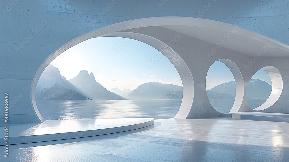 Poster abstract 3d render of a fantastical architectural landscape, featuring surreal geometric forms in a 