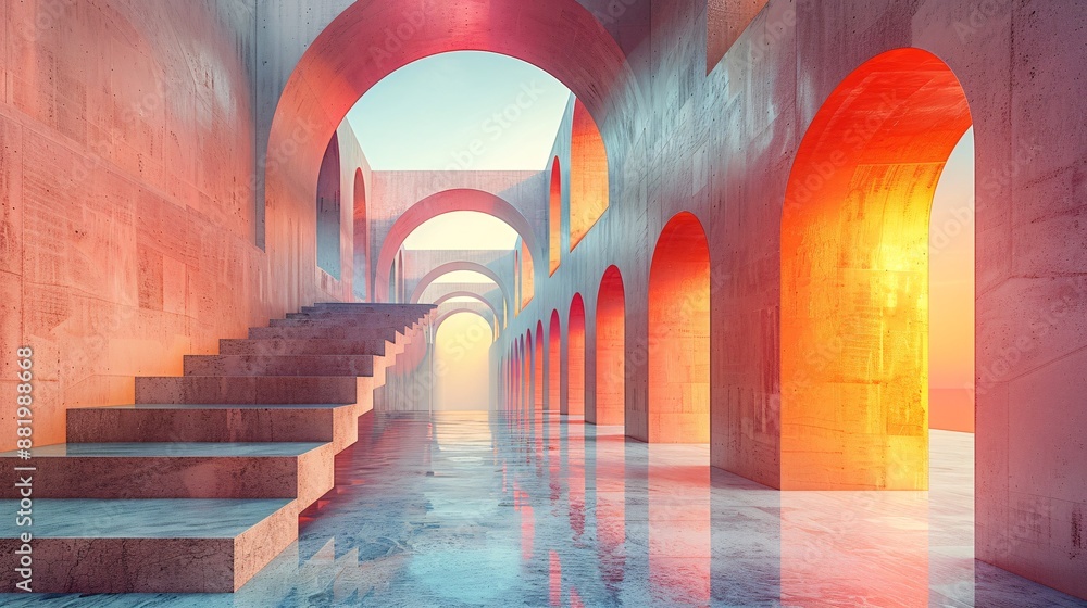 Poster a 3d render of a minimalistic and surreal architectural scene with abstract geometric shapes and a f