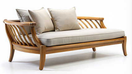 Fototapeta premium Luxurious teak wood lounge daybed with elegant curved lines and comfortable cushions, isolated on a crisp white background, exuding relaxation and sophistication.