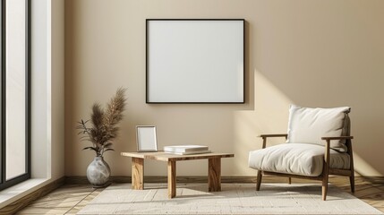 A small coffee table with a blank picture frame and armchair, nestled in the corner of a serene beige room.