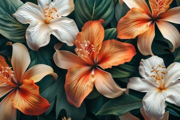 Tropical Flower Arrangement on Dark Green Leaves