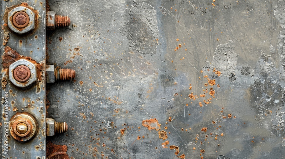 Poster aged fasteners on gray surface with border textured backdrop for text