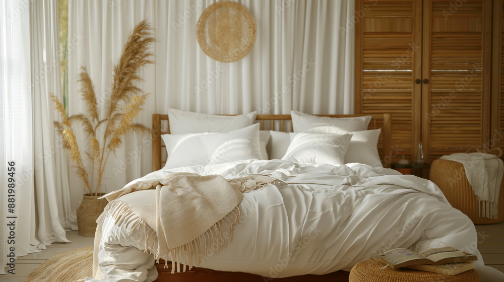 Wall mural cozy bedroom interior with white bedding, wooden furniture, and soft natural light