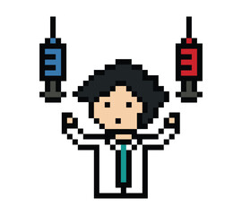 Cute pixel cartoon 8bit character man doctor or scientist game care for decoration pharmacist male doctor in hospital 8 bit male pixel art png vector.