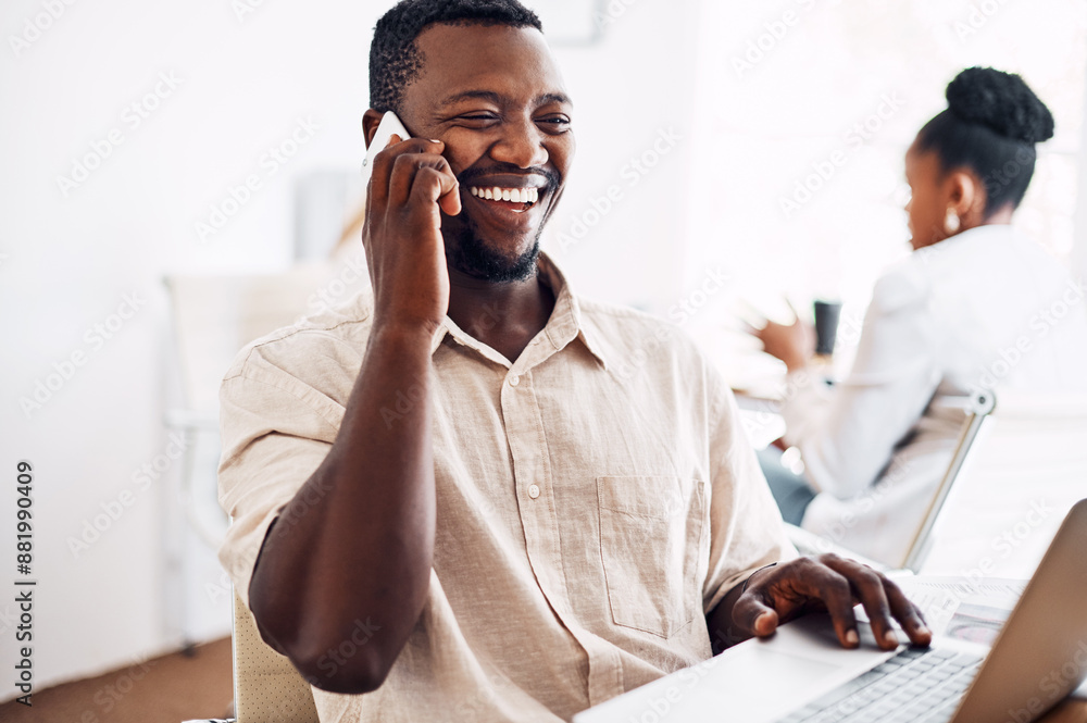 Poster black man, happy and smartphone at desk for networking, communication and mobile app. social media, 