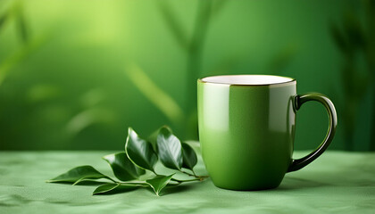 Green ceramic cup against green backdrop. Drink ware. Mug for hot beverage. Mock-up.