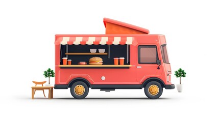 A vibrant food truck with open service window and tables for dining, set against a clean white background. Ideal for street food concepts.