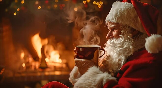 Santa Claus with a mug of hot drink by the fireplace on New Year's Eve.