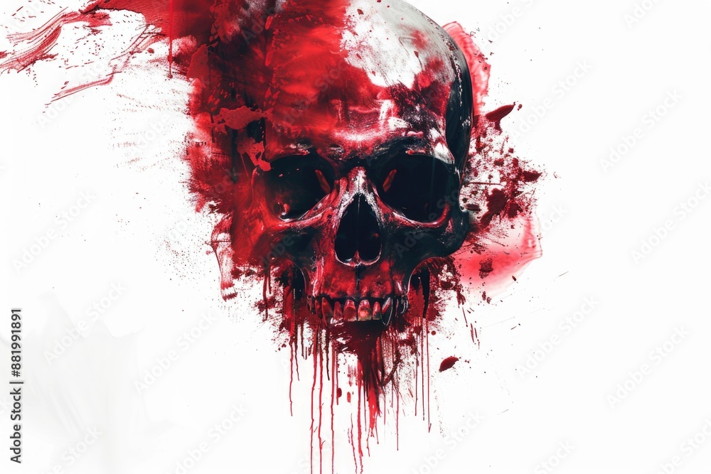 Poster a close-up view of a skull with blood splatters on a white background, suitable for use in horror or