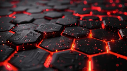 Fototapeta premium Futuristic Abstract Tech Texture Illustration with Red Network on Modern Black Digital Background - Hexagon Pattern Design