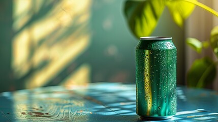 mockup for a tin can with a drink on a minimalist bright background. copy space. green color can on green background