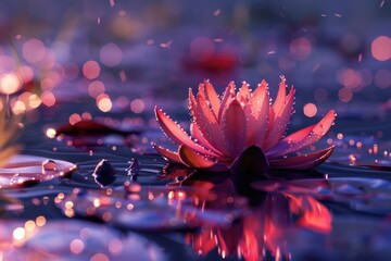 A pink flower floats on the surface of calm water