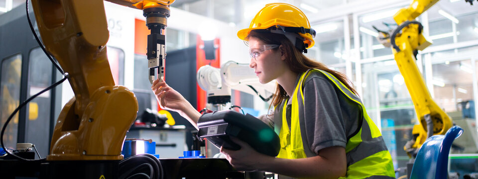 Professional and intelligence female engineer used her technical hard skill to fix, repair or maintenance machine robotic arm in factory or industrial, examining or welding automobile machine workshop