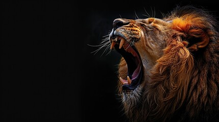 Fototapeta premium Majestic lion king roaring on the dark background