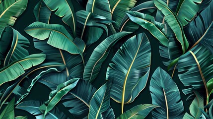 Tropical Seamless Pattern with Palm and Banana Leaves, Vintage 3D Illustration for Luxury Wallpaper and Fabric Design