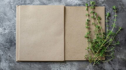 Top view of blank kraft notepad with plant on stationery