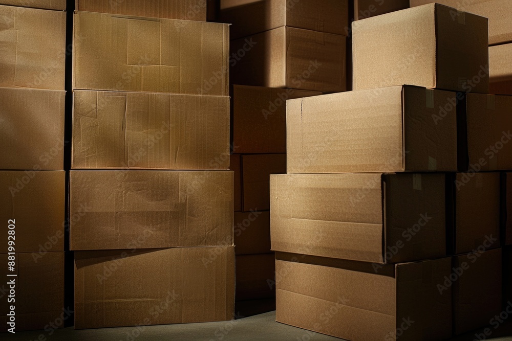 Poster a room filled with various sizes and shapes of cardboard boxes, perfect for organization or storage
