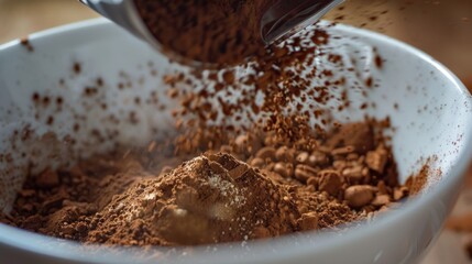 A person pouring hot cocoa into a white ceramic bowl