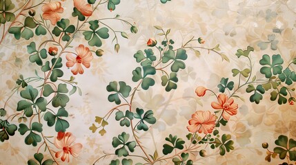 Vintage Art Nouveau Floral Wallpaper Pattern with Shamrocks, Circa 1900