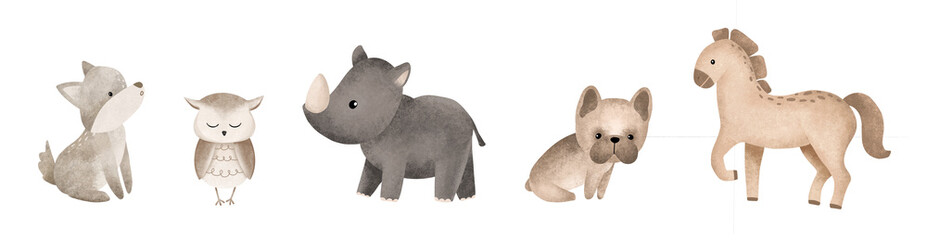 Set of cartoon animals. Hand drawn illustration of beige French Bulldog and horse. Collection animal of grey color wolf and owl. Childrens clipart dark grey rhinoceros. Minimalist scandinavian style
