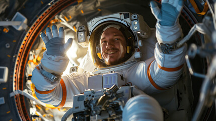 Joyful astronaut in a spacesuit smiling inside a spacecraft, gesturing with hand.