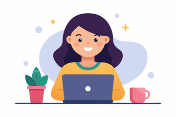 Happy Female freelancer working at laptop with memoji vector illustration