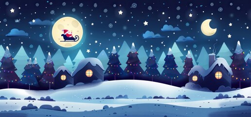 Fototapeta premium Starry night sky with a full moon, Santa Claus's sleigh flying in the distance, winter forest and houses in the background, Christmas illustration, night scene, blue color scheme, high resolution.
