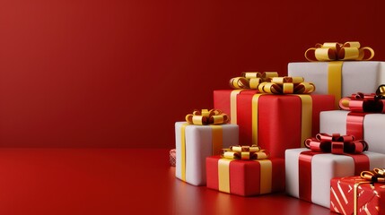3d rendering pile of christmas gifts on red background with copy space, red and white color palette. all gift boxes have different sizes and colors, and each one has yellow ribbon bow at the top left