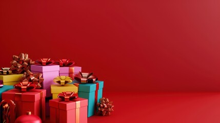 3d rendering pile of christmas gifts on red background with copy space for text,