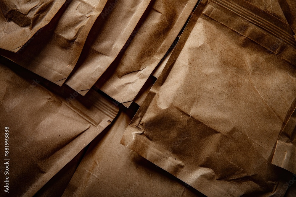 Poster a pile of brown paper bags sitting on a table, suitable for use in still life photography or as a pr